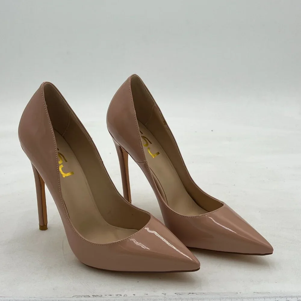 FSJ Nude Patent Pointed Toe Stiletto Heels